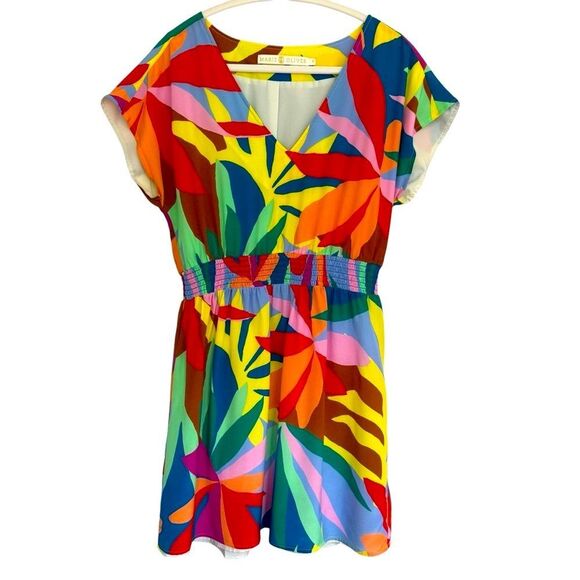 Marie Oliver Multicolor Leaf Pattern Dress, 100% silk, small - Picture 1 of 12